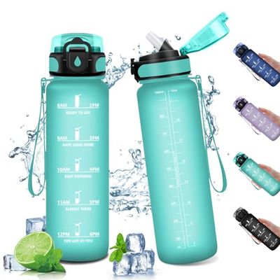 Drinkfles, 1 liter, rietjesfles, lekvrije fles, herbruikbare kunststof fles, sportfles met motiverende tijdweergave, voor fitnessstudio, camping
