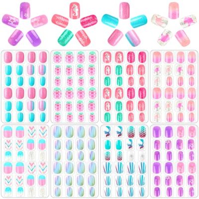 JANYUN 192Pcs Fake Press on Nails for Kids Pre-glue Full Cover Short False Nail Tips Stick on Nails for Kids Children Lovely Gift Girls Nail Art Decoration