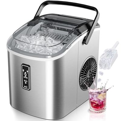 EUHOMY Small Ice Maker Machine - Ready in 6 Minutes, Produces 9 Cubes, 12 Kg/Day, Self-Cleaning, Portable Ice Maker with Handle, Basket, and Scoop, 2 Ice Cube Sizes for Home, Kitchen, Silver
