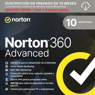 Norton 360 Advanced 2025 │ 10 Dispositivos │ 15 meses renovación automática │ Social Media, Dark Web Monitoring y VPN │ Código por email