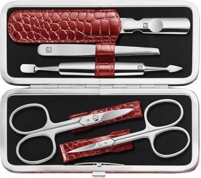 ZWILLING Set manicure (5 pezzi, per la cura delle unghie di mani e piedi, custodia in vera pelle con struttura in metallo), acciaio inox lucido, edizione coccodrillo, rosso