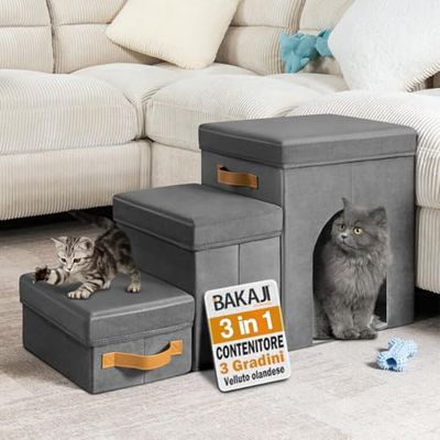 BAKAJI Escaliers pour Chiens et Chats 3 en 1 Pliable en Velours néerlandais Gris, échelle pour Animaux domestiques, Multifonction, échelle Compartiment de Rangement et Niche, marches ergonomiques