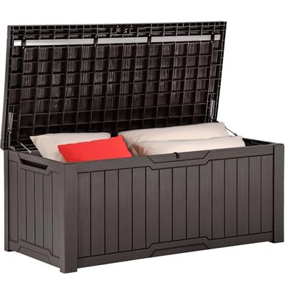 YITAHOME 120 gallon utomhusförvaringsbox, stor uteplats förvaring i harts för utomhuskuddar, trädgårdsverktyg och pooltillbehör, vattentät, låsbar (brun)