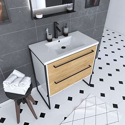AURLANE Badkamerkast, 80 x 50 cm, wit, 2 laden, eiken natuur, wastafel wit - Structuurura F023