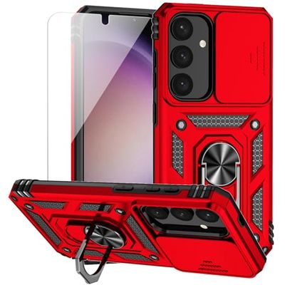 Hoesje voor Samsung Galaxy S24 met cameralenshoes, HD schermbeschermer, dubbellaags, militair geteste magnetische ringhouder en standaard, beschermend telefoonhoesje voor Samsung Galaxy S24 (rood)