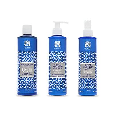 Valquer Pack Silver Platinum xampu, chicote, 400 ml, máscara de 275 ml e loção de 300 ml, para cabelo branco, cinzento, loiro e com cabelos brancos. Ideal para cabelos dourados com malakita e pantenol