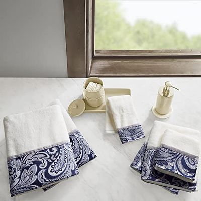 Madison Park Aubrey 100% Cotton Luxurious Bath Towel Set Highly Absorbent, Quick Dry, Jacquard Paisley Design, Hotel & Spa Quality for Bathroom Decor, Multi-Sizes, Navy 6 Count