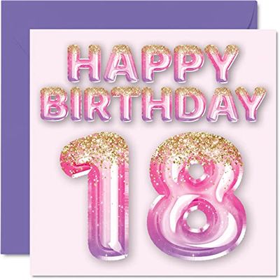18e verjaardagskaart voor vrouwen - roze en paarse glitterballonnen - gelukkige verjaardagskaarten voor 18 jaar oude vrouw dochter zus tante neef, 145 mm x 145 mm achttien achttiende verjaardag