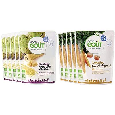 Good Goût - BIO - Artichauts Panais Pâtes Parmesan dès 6 mois 190 g - Lot de 5 & BIO - Carottes Poulet dès 6 mois 190 g - Lot de 5