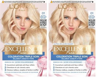 L’ORÉAL PARIS - Coloration Cheveux Permanente Triple Soin - Couvre 100% des Cheveux Blancs - Excellence Crème - Nuance : Blond Ultra Clair Naturel (01) (Lot de 2)