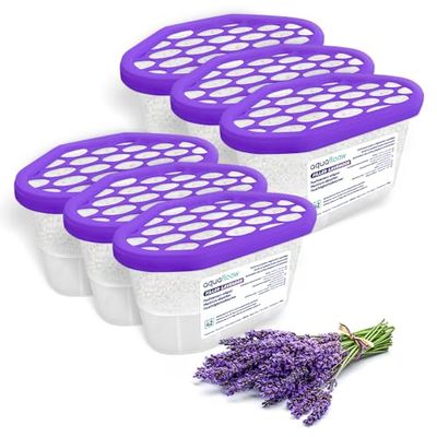 Aquafloow Luchtontvochtiger 400 ml, Verlaagt de Luchtvochtigheid, 6 Stukken Ontvochtigers voor vocht LAVENDER | Geurneutralisator, Vochtabsorber voor Keuken, Kast, Badkamer en Studeerkamer