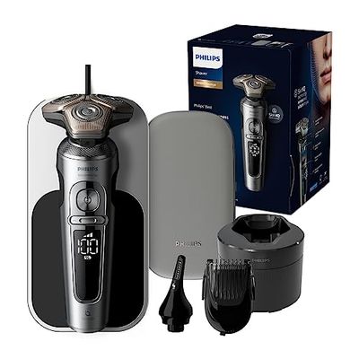 Philips Shaver Series 9000 Prestige Wet & Dry Rasoio elettrico Lift & Cut Sistema di rasatura SkinIQ, styler per barba, trimmer per naso, tappetino di ricarica Qi, modello SP9885/35 cromo brillante