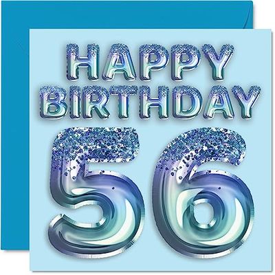 Carte d'anniversaire 56e anniversaire pour homme – Ballon de fête bleu à paillettes – Cartes d'anniversaire pour homme de 56 ans, oncle, grand-père, grand-père, grand-père, grand-père, grand-père,