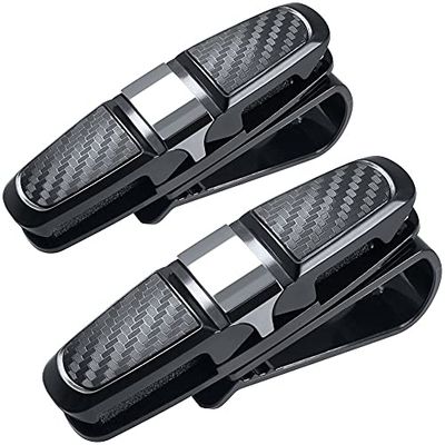 FineGood Conjunto de 2 suportes para óculos de sol para carro, com clipe para cartões, cor preta