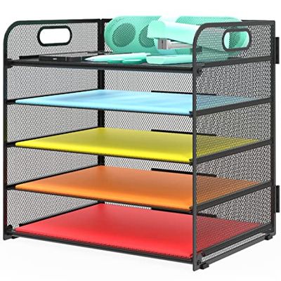 Sinboun Letter Tray Paper Organizer 5-Tier Mesh Desk File Organizer Paper Sorter Holder with Handle, Metal Desktop Document Shelf Tray for Letter/A4 Office Classroom Organization - Black