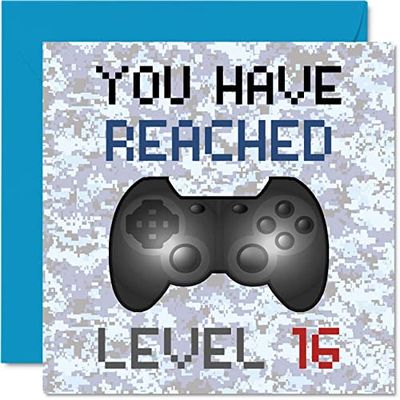 16th Gamer Birthday Card - You Have Reached Level 16 - Boys Birthday Cards, Teenager Teenage Games Greeting Cards, Video Game Gaming Daughter Son Kids Grandson Granddaughter 145mm