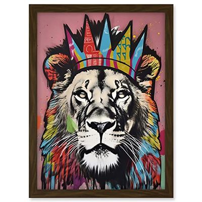 Artery8 Lion with Crown King of the Jungle Modern Pop Art Artwork Framed A3 Wall Art Print