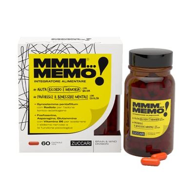 Zuccari MMM...Memo! Integratore Alimentare, 60 Capsule da 500mg, Supporto per Memoria e Funzioni Cognitive, Con Bacopa, Escolzia, Gynostemma e Rhodiola, Ideale per Benessere Mentale
