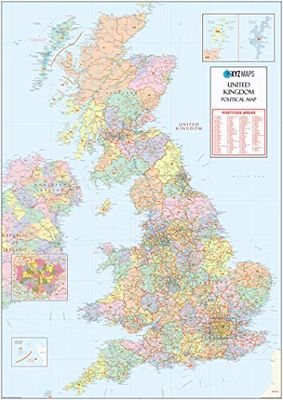 UK Political Postcode Areas Large Wall Map - Plastic Coated