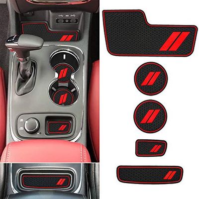 Auovo Auto Cup Holder Inserts Coaster Fit for Dodge Durango 2020 2019 2018 2017 2016 2015 2014 Accessories Custom Fit Cup Liners Mats Interior Decoration (5pcs/Set, Red Trim) (Red)
