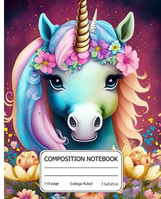 Cute Unicorns and Flowers Composition Notebook: Colorful Cute Unicorns Notebook Journal. Cute Notebook For School, Kids, Girls, Boys, Men, Women ... Pre-K , School Supplies | 7.5"x9.25" 110