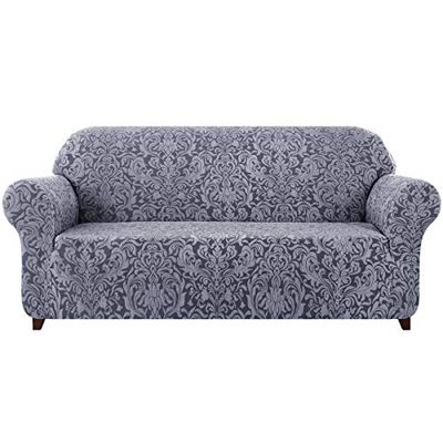 subrtex 1 Pièce Housse de Canapé avec Accoudoirs Jacquard Damassé Extensible Motif Fleurs Canapé Protecteur Décorative (2 Places, Gris Bleu)