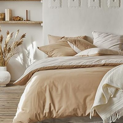 Essix Two-Tone Cotton Duvet Cover, Bons Jours, Beige, 240 x 220 cm