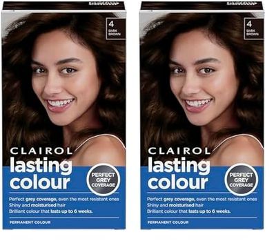 Clairol Lasting Colour Permanent Hair Dye | Ideal Grey Coverage | Shiny and Moisturised Hair | 4 Dark Brown (Pack of 2)