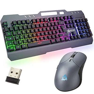 KLIM Unity - FR LAYOUT - Ensemble Clavier et Souris sans Fil AZERTY Nouveau + Durable, Ergonomique + Clavier de Jeu sans Fil rétroéclairé avec Sensation mécanique + Souris pour PC Mac PS4 PS5