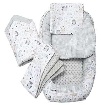 Medi Partners Nido Bebe Recien Nacido Reductor de Cuna - 100x60x15 Juego de 5 Piezas bebés anticolicos Bilateral Portátil o de Viaje 100% Algodón (Glade con Minky Gris)