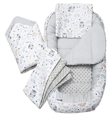 Medi Partners 5 éléments Cocon de Bébé 100x60x15cm 100% Coton Baby Nest Reducteur de lit Bébés Oreiller Couverture Insert Amovible (Glade avec Minky Gris)