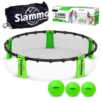 GoSports Slammo Game Set (inclui 3 bolas, capa de transporte e regras, idioma português não garantido) - conjunto de rede redonda para relva ao ar livre, praia e porta traseira
