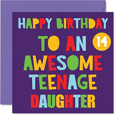 Fun 14th Birthday Cards for Daughter - Awesome Teenage Daughter 14 - Happy 14th Birthday Card from Mum Dad, 145mm Bday Greeting Cards Gift