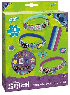 TM ESSENTIALS Stitch Armbandset met 18 bedels voor kinderen, bedelarmbanden in geel, blauw en rood, om creatief zelf vorm te geven, uniek sierplezier met schattige Stitch-motieven, 14 Cm, rubber, Geen