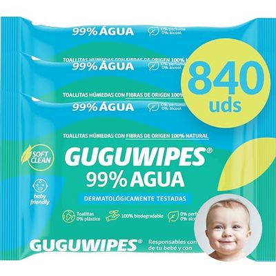 Guguwipes Vochtige babydoekjes, 99% water, zonder kunststof, 840 stuks (verpakking van 60 x 14), vezels van 100% natuurlijke oorsprong
