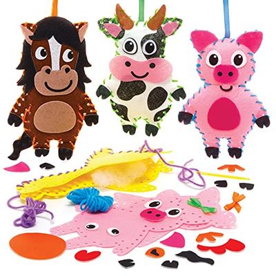 Baker Ross FE539 Farm Animal Sewing Decoration Kits - Pack of 4, Sewing Set for Children, Creative Activities for Kids, Ideal Arts and Crafts Project