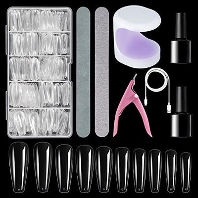 Carehabi Kit punte per unghie, set per unghie in capsula americana con 500 pezzi di unghie artificiali, mini lampada UV per unghie, colla per unghie artificiali da 15 ml e strumenti fai-da-te