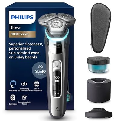 Philips Shaver Series 9000 - Wet and Dry Electric Shaver for Men in Dark Chrome, Lift and Cut, SkinIQ Technology, Pop-up Beard Trimmer, Cleaning Pod, Charging Stand and Travel Case (Model S9974/55)