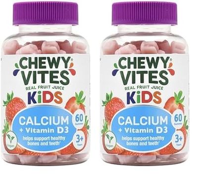 Chewy Vites Kids Calcium and Vitamin D3, 60 Kids Calcium Gummies, Help Support Healthy Bones and Teeth, 2 Months Supply, Real Fruit Juice, Vegan, Age 3 +, Strawberry Flavour (Pack of 2)