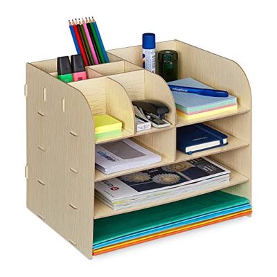 Relaxdays Desk Organiser, Office Supplies and Documents, Different Size Compartments, DIY, MDF, 27.5x32.5x25 cm, Beige