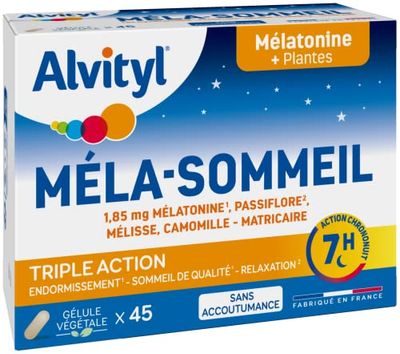 Alvityl Méla-sommeil – Mélatonine + 3 plantes + vitamine B6 – Triple action sur le sommeil et la relaxation- 1,85mg Mélatonine – Action Chrononuit 7h - 45 gélules