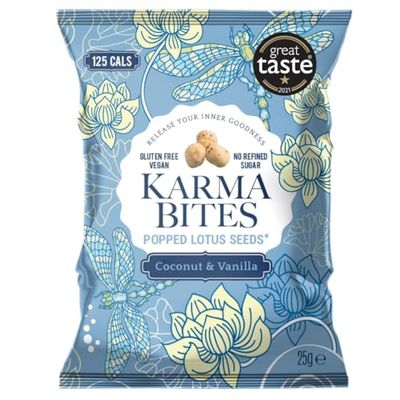 Karma Bites Coconut and Vanilla Flavour Popped Lotus Seeds, Low Calorie, Vegan & Gluten Free, 25 g (Pack of 12)