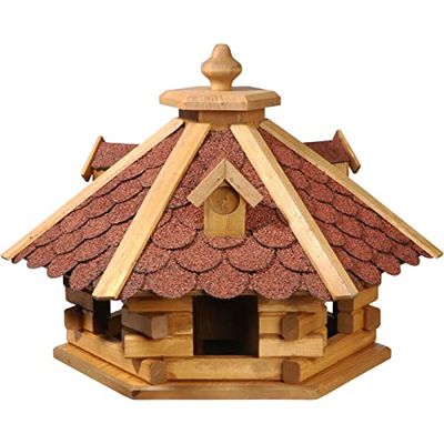 dobar® 98710e Vogelvoederhuisje Bitumen schingingingle dak 6-hoekig - vogelhuis van massief hout - vogelvoederstation met voedersilo - 6-hoekige vogelvilla - 51 x 45 x 37 cm - rood