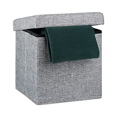 Relaxdays 10019047 Tabouret pliant en lin pouf de rangement pliable repose-pieds de stockage carré 38 x 38 x 38 cm avec couvercle amovible assise table appoint ottoman coffre chaise banquette, gris