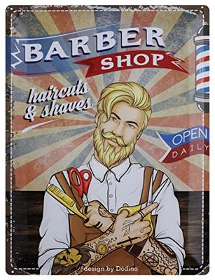 Dodino 30 x 40 cm, plåtskyltar, BARBER SHOP, vintage, barber plåtskylt, väggskylt, plåtaffisch, retro, barbershop