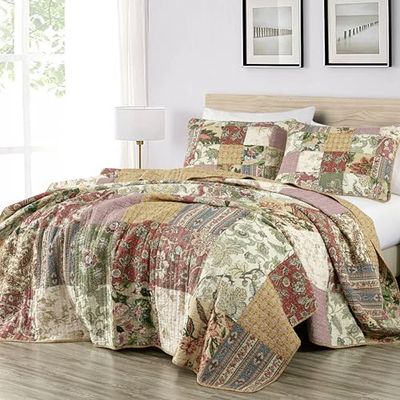 Chezmoi Collection Delaney 3-delat blommigt lappverk vintage tvättat 100% bomullstäcke, kung