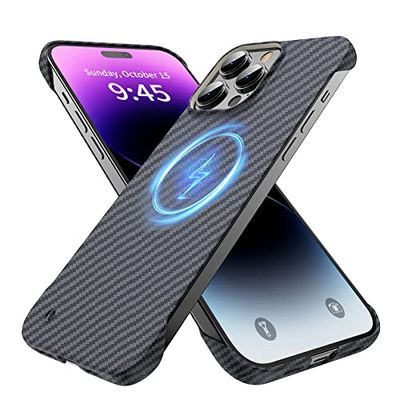 GRECAZO MagSafe - Funda magnética Ultrafina esmerilada Suave al Tacto de Fibra de Carbono sin Bordes para iPhone 14 Pro MAX de 6.7 Pulgadas, Delgada, Minimalista, Ligera, sin Marco, Mate, Dura,