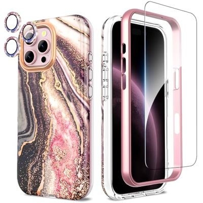 SHEDEER Cover per Iphone 16 Pro Max, Cover per Iphone 16 Pro Max Glitter Protezione Fotocamera&Vetro Temperato& Paraurti,Custodia per Iphone 16 Pro Max 360 Protezione,Aesthetic, Antiurto,Awesome Black