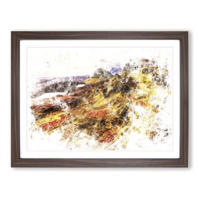 Mountain View In Scotland Watercolour Modern Framed Wall Art Print, Ready to Hang Picture for Living Room Bedroom Home Office Décor, Walnut A2 (64 x 46 cm)