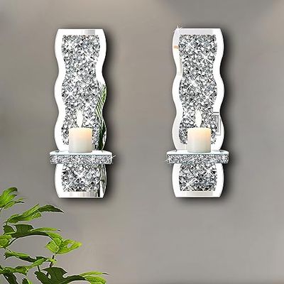 ZOLAPI Set of 2 Crystal Crush Diamond Candle Sconces, Gorgeous Silver Mirrored Wall Sconce, Wave Pattern Irregular Candle Holder Glass Wall Decorations for Home Décor, Living Room, Dining Room.